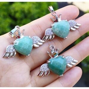 Silver and faceted Green Aventurine Heart Wing Pendant Necklace